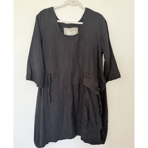 Tina Givens Black Linen Lagenlook 3/4 Sleeves  Front Packet Tunic Dress Sz XL - Picture 1 of 12